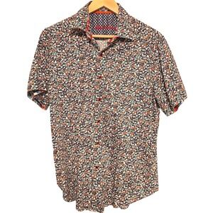 Robert Graham 100% Cotton Button Down Shirt Medium Blue Red Print Art Deco Bold